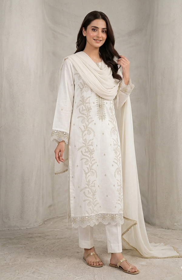 White Embroidered Lawn 3-Piece Suit
