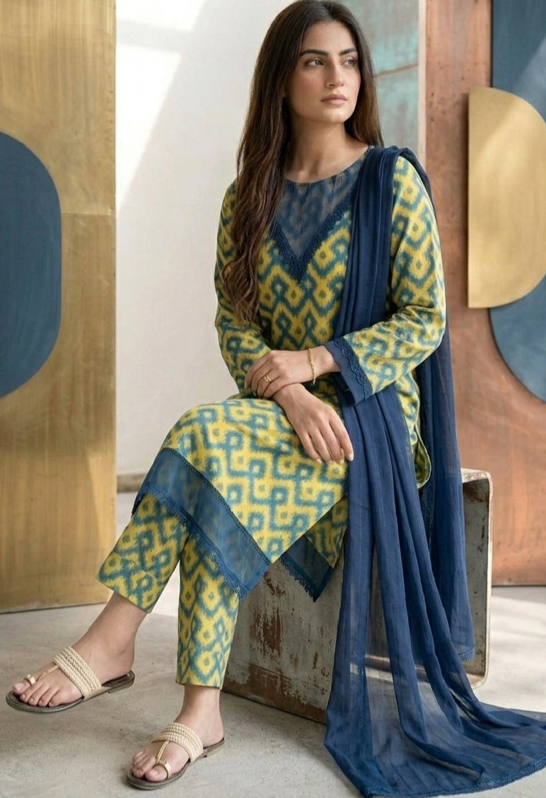 Emerald Ikat Pattern Kurta & Trouser Set - HI Wear Collection