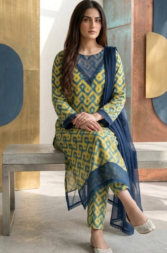 Emerald Ikat Pattern Kurta & Trouser Set - HI Wear Collection
