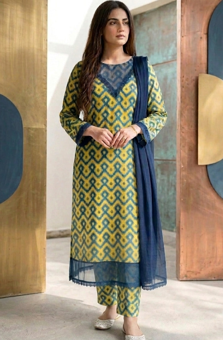 Emerald Ikat Pattern Kurta & Trouser Set - HI Wear Collection