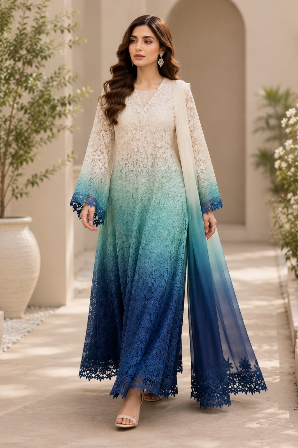 Blue Ombre Lace Maxi Dress with Dupatta