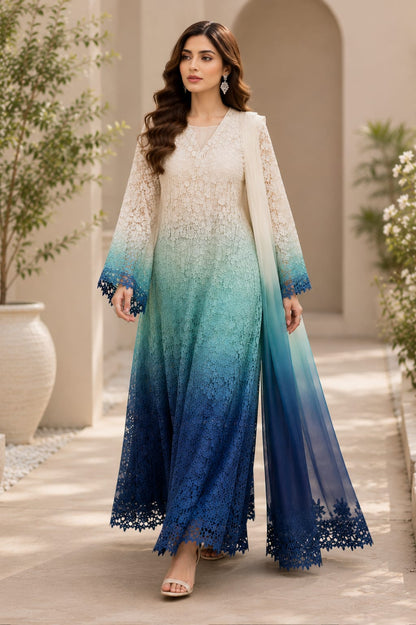 Blue Ombre Lace Maxi Dress with Dupatta
