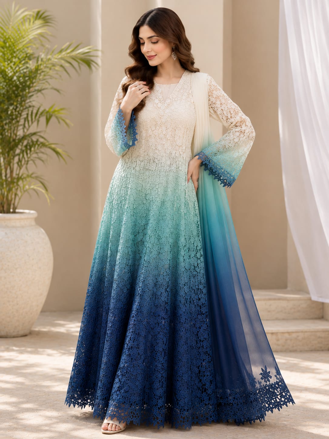Blue Ombre Lace Maxi Dress with Dupatta
