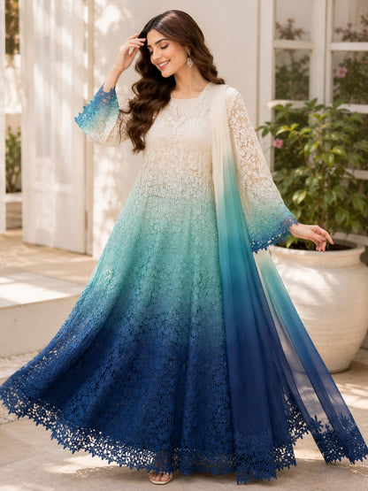 Blue Ombre Lace Maxi Dress with Dupatta